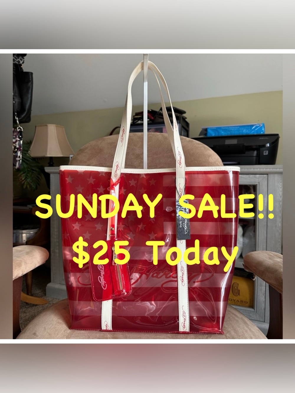 $25 SUNDAY SALE🎉 Ed Hardy Red Stars & Stripes Print Clear PVC Tote Bag, NWT